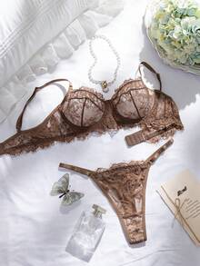 Divavoom 2 pezzi/Set Lingerie in pizzo rosso rosa, matura e sensuale - Caffè Marrone - Visualizzare 6