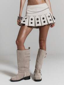 MUSERA Eyelet Detail Pleated Mini Skirt Sexy Summer Spring Rave Festival Holiday Vacation Party Going Out Serpent - Khaki - View 2
