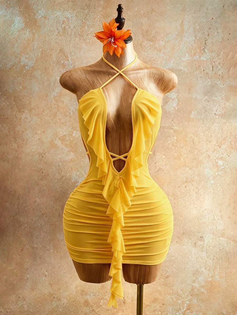 Mistrie Women's Short Hollow Tie Ruffle Hem Dress - Yellow - View 1