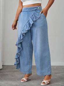 Elenzga Celana Jeans Denim Washed Kasual Wanita Ukuran Plus dengan Hem Bergelombang, Serbaguna untuk Pakaian Sehari-hari, Formal, Liburan, Biru Muda, Musim Panas - Light Wash - View 3