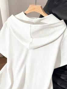 Franclia Sweatshirt Wanita Kasual Sehari-hari Minimalis Warna Polos Lengan Pendek dengan Resleting dan Tali Serut - Putih - View 3