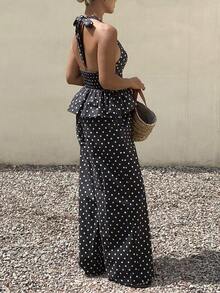 DAZY Conjunto de 2 piezas de top de tirantes con estampado de lunares y pantalones cortos de verano casual para mujer - Azul - Ver 6