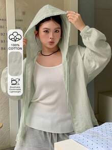 Dazy Plus Jaket Kasual Gaya Liburan, Lengan Panjang Berkerudung, Bahan Bertekstur Longgar, Patchwork Renda, Ukuran Besar Wanita, Musim Semi/Panas - Mint Green - View 2