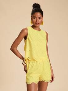 Travachic Women's Hollow Embroidery Tank Top And Shorts Casual Set For Vacation - Yellow - View 5