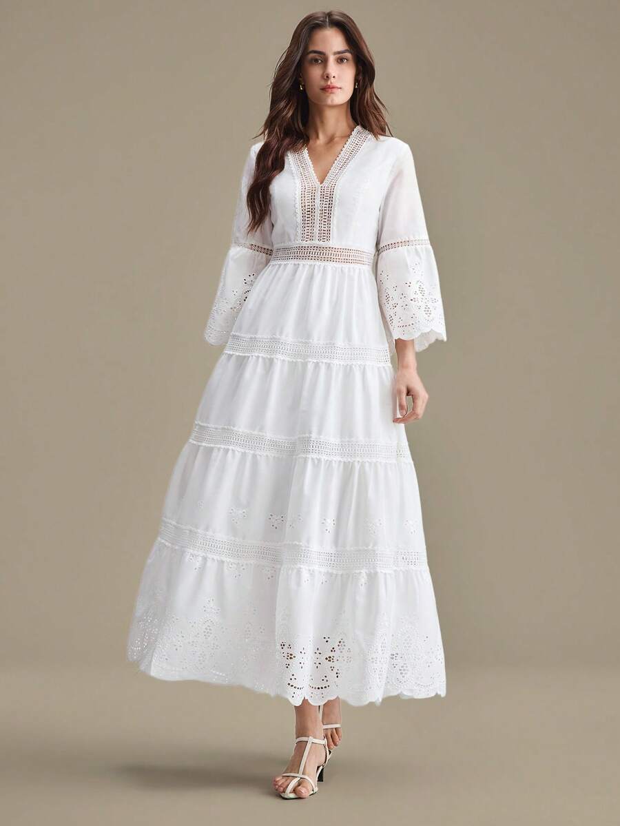 Ontre Đầm ren trắng nữ 2026SS, trang phục dự tiệc cưới hiện đại, thanh lịch, tối giản, lãng mạn, sang trọng kiểu Pháp, thời trang công sở thường ngày, trang phục công sở cao cấp cổ điển, thiết yếu cho đi làm, du lịch biển, Trung Đông, chất lượng cao, đa năng theo mùa, thích hợp cho đám cưới, kỷ niệm, Ngày của Mẹ, đi biển, lễ tốt nghiệp. - trắng - Xem 1
