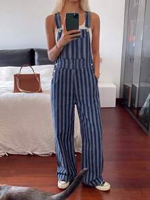 DAZY Quần yếm denim kẻ sọc dáng suông thường ngày dành cho nữ - Màu xanh ngọc - Xem 5
