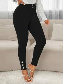SHEIN PETITE CURVE 大码女式纯色高腰休闲百搭日常穿着打底裤 - 黑色 - 查看 3