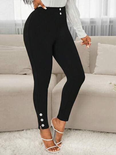 SHEIN PETITE CURVE Leggings de talla grande para mujer de unicolor, cintura alta, versátiles y de uso diario