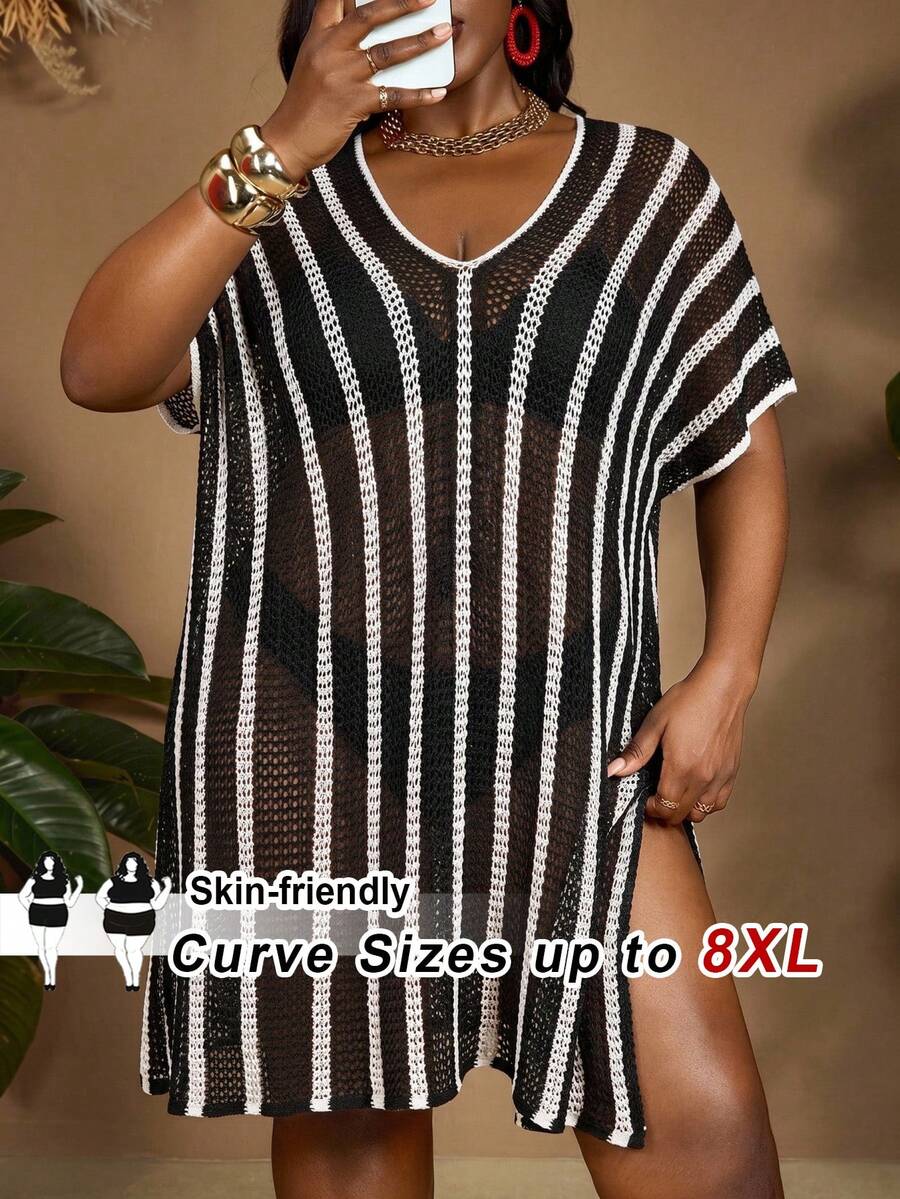 SHEIN CURVE+ 大码蝙蝠袖条纹开衩大腿罩衫连衣裙(不含泳衣),波西米亚风沙滩度假连衣裙/沙滩长裙/沙滩度假套装/沙滩必备/毕业典礼/下午茶派对连衣裙 - 黑與白 - 查看 1
