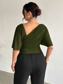 Firerie Plus Size Women Solid Color Pleated Fitted Casual Top - Green - View 2