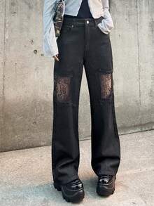 Dazy Tall 女士破洞蕾丝拼接宽松直筒休闲街头风牛仔裤 - 深灰色 - 查看 3