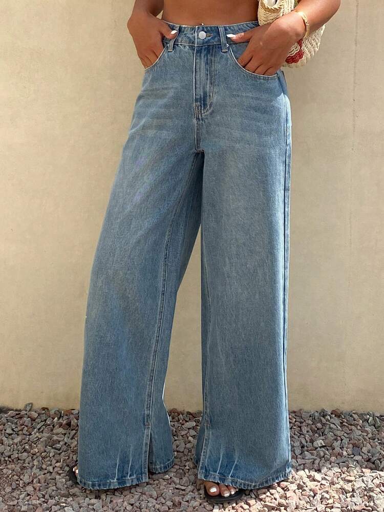 Women's Slit Straight Leg Jeans, Casual Street Style Washed Denim Pants