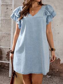 EMERY ROSE EMERY ROSE Plus Size Women Light Blue Summer Boho Vacation Denim Dress,V-Neck Double Ruffle Sleeve A-Line Shift Dress,Tie Back Row Decorative Buttons Casual - Blue - View 4