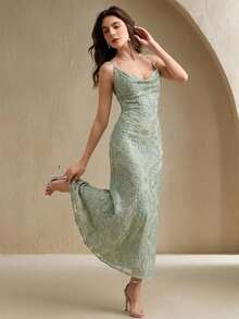 Anewsta Vacation Random Floral Design Fitted Elegant Women Long Dress - Green - View 2