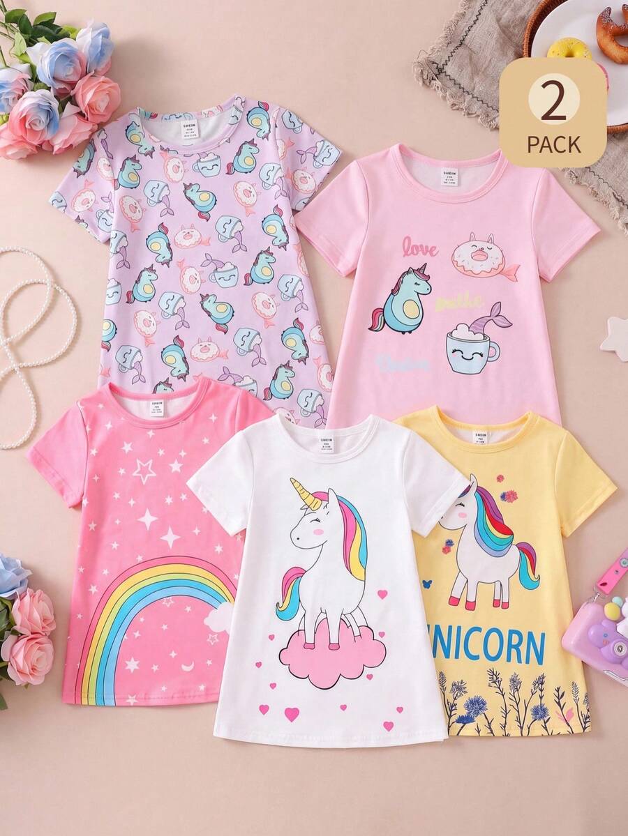 Set Piyama Baju Tidur Panjang Lengan Pendek Motif Bunga Manis untuk Bayi Perempuan, Ungu & Merah Muda - MultiWarna - View 1