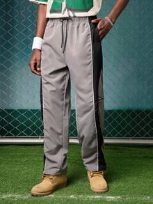 EVRINFINITE Vintage Color Block Cargo Pants, Men's Loose Casual Straight Leg Sweatpants, Streetwear, Spring & Autumn - Light Grey - View 1