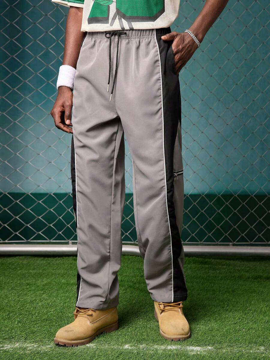 EVRINFINITE Vintage Color Block Cargo Pants, Men's Loose Casual Straight Leg Sweatpants, Streetwear, Spring & Autumn - Light Grey - View 1