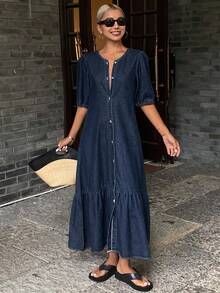 Dazy Tall Vestido vaquero de manga corta y cuello redondo para vacaciones, vestido de sol para mujeres - Azul lavado oscuro - Ver 5