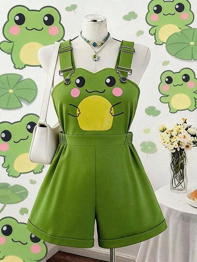 Sweetra Pantalones de peto casuales con estampado de rana para tallas grandes