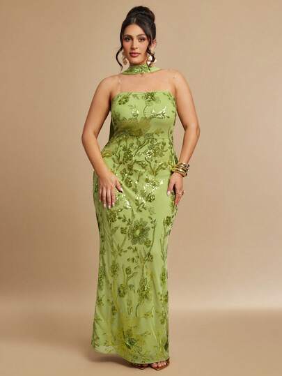 SHEIN BAE Plus Size Women's Green Sequin Maxi Halter Dress, Luxury Shiny Holiday Gown