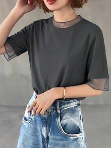 FRIFUL Women's Casual Loose Sheer Mesh See-Through Solid Color T-Shirt, Versatile For Spring And Summer - Grey - View 4