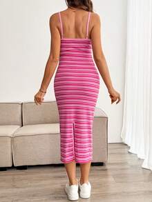 Lyckli Maternity Striped Print Fitted Stylish Camisole Dress - Pink - View 4