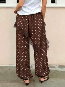 Pariaura Pantalones anchos de mujer con patchwork de encaje y lunares retro - Café integral - Ver 2