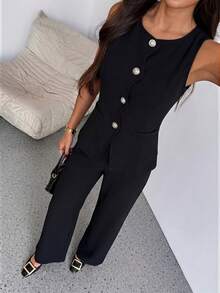 SHEIN PETITE 女款優雅辦公夏季黑金單排扣背心與寬腿褲兩件套，無袖修身上衣套裝，時尚百搭穿搭，適合嬌小女性 - 黑色 - 查看 5
