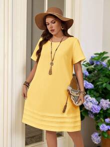 Rosumi Vestido casual de manga corta de unicolor para vacaciones de talla grande, atuendos de verano para mujer/verano, ropa de mujer para vacaciones tropicales - amarillo ganso - Ver 6