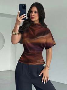 Firerie Crinkle Collar Asymmetrical Sleeve Side Ruched Cinched Waist Commuter Brown Tie-Dye Print Blouse For Women, All Season - Brown - View 6