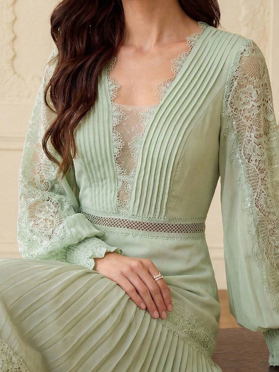 ZEYLAH V-Neck Lace Patchwork Pleated A-Line Dress, Spring/Summer - Mint Green - View 1