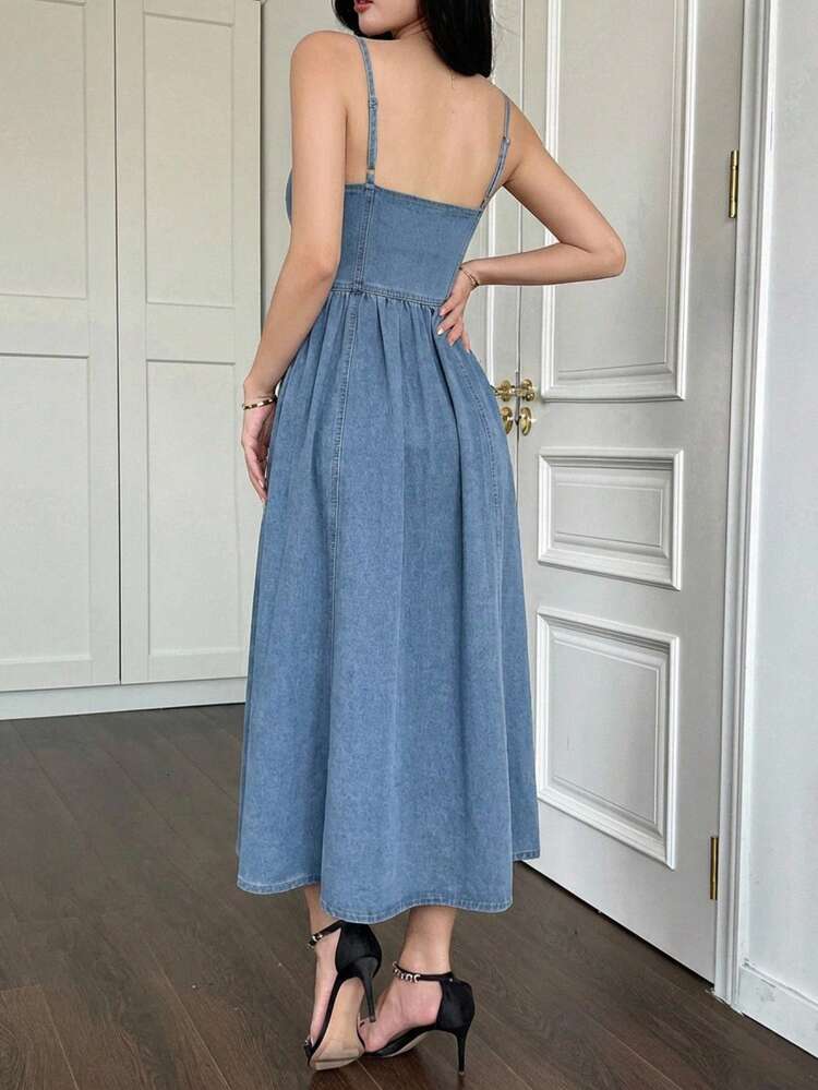 Women's A-Line Denim Dress With Spaghetti Strap, Flared Skirt, Spring/Summer Sun Dresses For Women