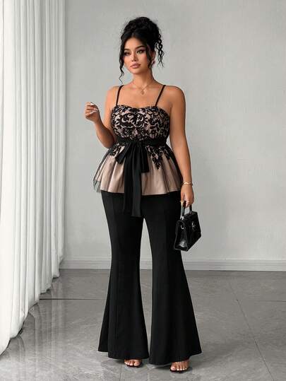 Elenzga Plus Size Baroque Print Cinched Camisole & Flare Pants Set, Vintage Elegant Party Wedding Slimming 2-Piece Outfit