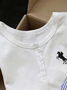 Souflis Souflis 2pcs/Set Toddler Girls Summer Outfit,Horse Print Round Neck Short Sleeve T-Shirt&Striped Straight Leg Pants,Family Matching Casual Comfortable Set - Blue - View 5