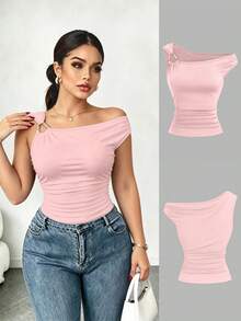 Elenzga Kaos Pas Badan dengan Kerah Asimetris Ukuran Besar, Atasan Kasual Serbaguna, Musim Semi/Panas - Berwarna merah muda - View 1