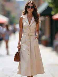 SHEIN Đầm nữ dáng suông, cổ ve lật, cúc kim loại màu vàng, thắt lưng khóa kim loại, thanh lịch và thời trang, đầm blazer dáng suông phong cách nghỉ dưỡng thường ngày. - Màu be - Xem 1