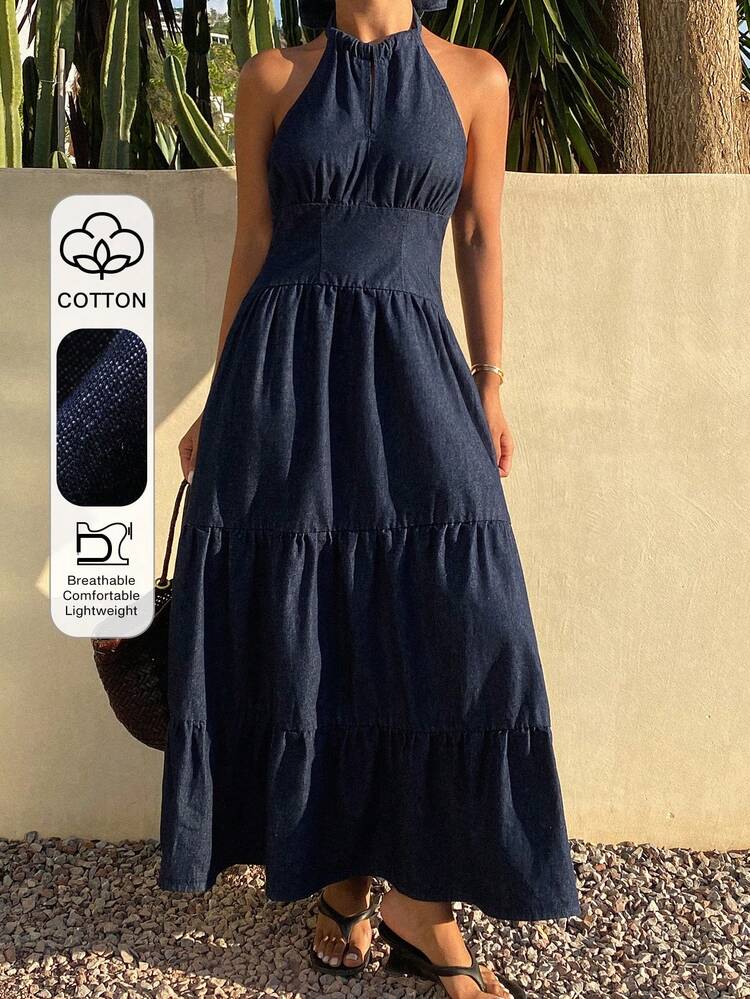 Blue High Collar Sleeveless Waist Cinched Solid Color Denim Dress For Women Sun Dresses For Women