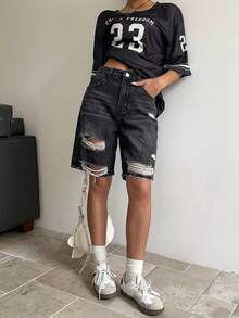 SHEIN ICON 女士休闲做旧牛仔短裤，蓝色 - 黑色 - 查看 4