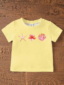 SHEIN 2pcs/Set Baby Girls' Pink And Yellow Summer Cute Vacation Holiday Outfit,Short Sleeve Sea Creature Shell Bow Print T-Shirt & Bike Shorts,Korean Style - Multicolor - View 4