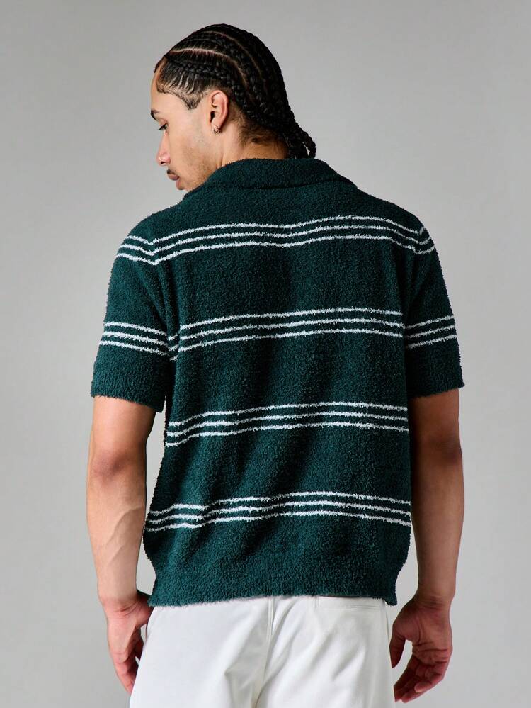 Boxy Fit gestreifter Bouclé-Polo-Strickpullover mit offenem Kragen und kurzen Ärmeln, Sommer Lässig