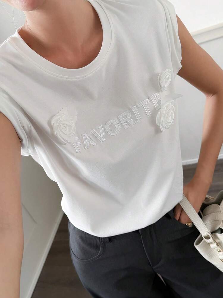 Women's Summer Round Neck Letter & 3D Floral Design Casual Elegant Pullover T-Shirt