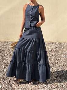 DAZY Conjunto casual de mezclilla para mujer con camisola sin mangas de frente abierto y falda larga de mezclilla - Azul lavado oscuro - Ver 3