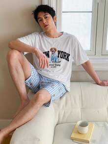 2件組青少年男孩夏季套裝，卡通字母印花白色上衣與藍白條紋短褲居家服，柔軟睡衣，適合家庭穿搭 - 白色 - 查看 2
