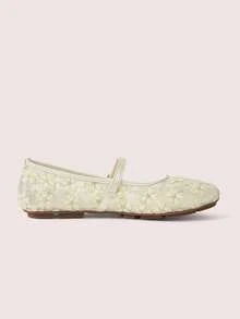 CUCCOO DOLLMOD Sepatu Wanita Modis Lucu Manis Ujung Bulat Bordir Bunga Tulisan dengan Model Mary Jane Flats - Aprikot Bunga Pir - View 7