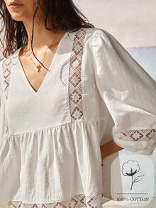 SoleilVie Áo kiểu dáng rộng rãi, màu mơ, chất liệu cotton pha, viền ren phong cách Bohemian, cổ chữ V, tay phồng, thích hợp cho mùa hè. Phù hợp cho nữ. - trắng - Xem 1