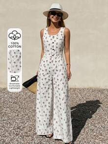 DAZY Mono vaquero casual de pierna recta y holgado con tirantes ajustables y sin mangas para mujer - Blanco - Ver 1