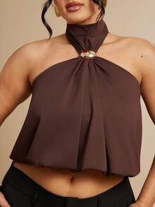 SHEIN BAE 大码女式咖啡棕色吊带上衣 - 咖啡棕 - 查看 6