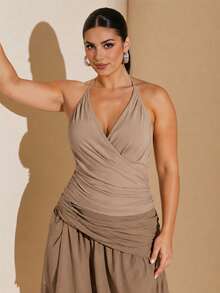 SHEIN BAE CURVE Women's Plus Size Brown Summer Halter Neck Ruched Top Classy Elegant Night Wrap Design Sleeveless Solid Color Deep V Neck Mini Dress Lingerie - Camel - View 6