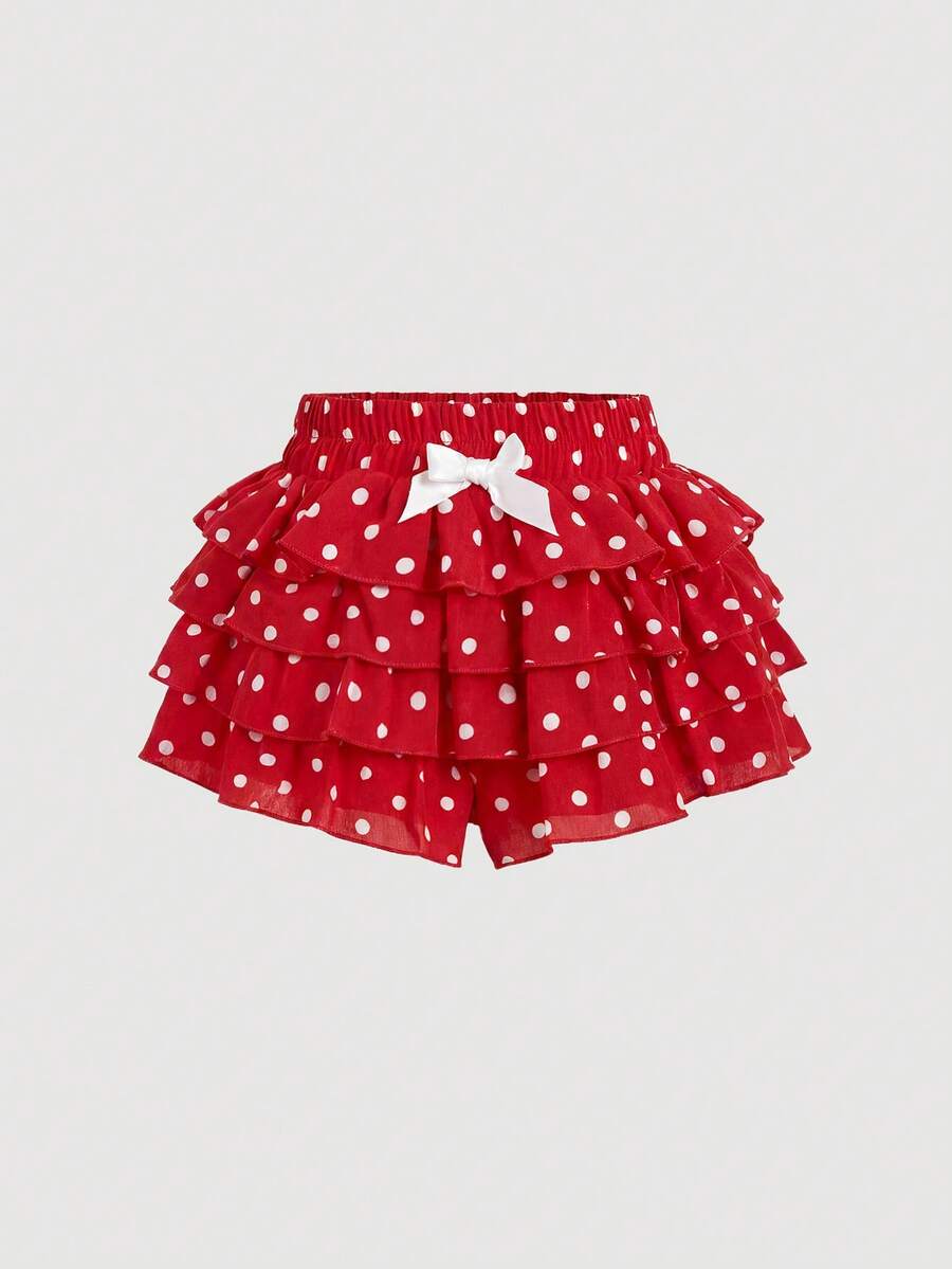 Maija Kids Maija Kids 女童春夏休闲蝴蝶装饰多层豹纹蛋糕短裤 - 紅色 - 查看 1