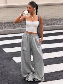 DAZY Printed Loose Wide Leg Pants, Elastic Waist Casual Sports Street Style Summer Trousers For Women - Grey - View 5
